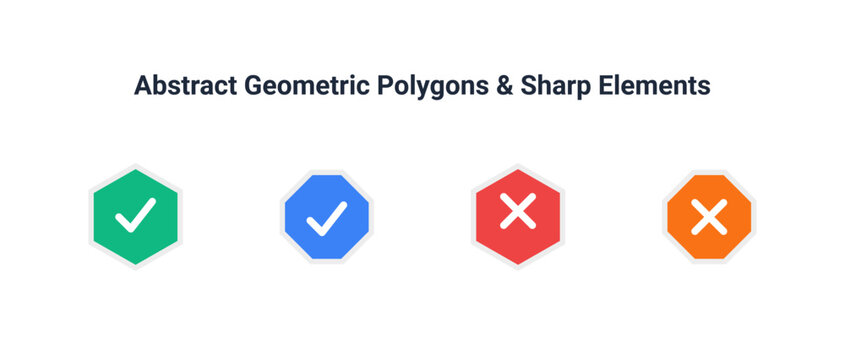 Abstract geometric polygons and sharp elements, colorful checkmark and cross icons set, flat vector symbols for UI and UX design