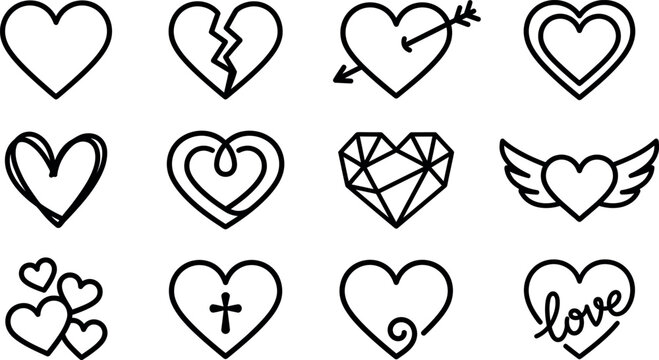 Vector heart icon set broken arrow pierced diamond winged love symbols for valentine's day designs