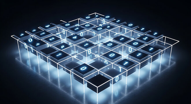 Binary code cube with glowing blue numbers and white grid lines on dark background