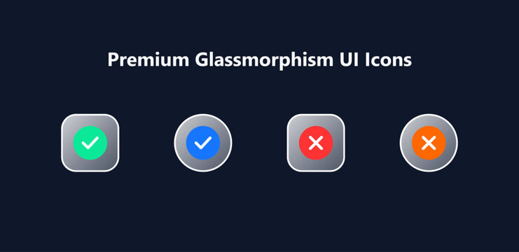 Premium glassmorphism UI icons set, frosted glass checkmark and cross symbols, modern glossy interface buttons for web and mobile apps