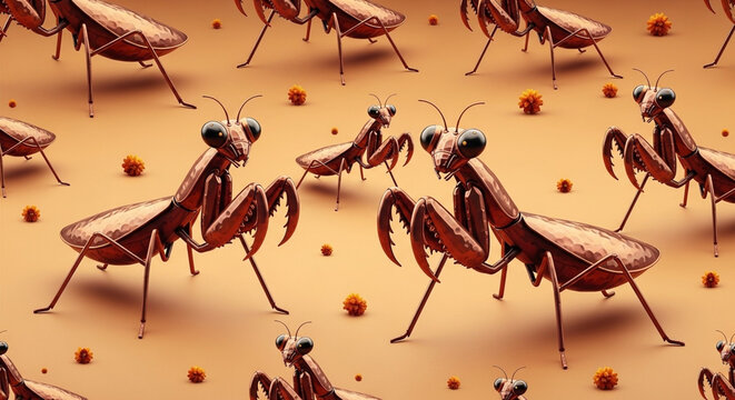 Close up of praying mantises on a textured surface.