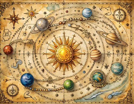 Artistic Illustration of the Solar System and Celestial Bodies with Vintage Map Style
