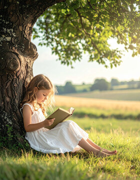 Ni&ntilde;a sentada bajo un &aacute;rbol leyendo un libro al aire libre. Escena concepto de aprendizaje, imaginaci&oacute;n, tranquilidad, infancia, educaci&oacute;n y amor por la lectura y placer de leer