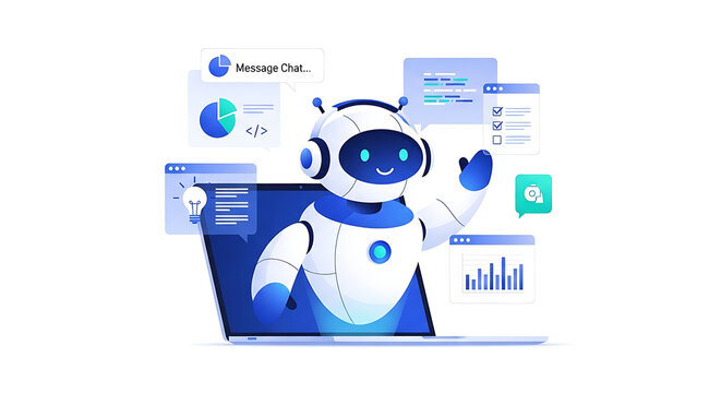 Friendly AI chatbot character waving hello on laptop screen with data charts artificial intelligence technology assistant analysis automation communication business innovation software