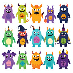 Fototapeta premium A group of colorful monsters are standing in rows on a white background with pumpkins and other Halloween-themed elements.