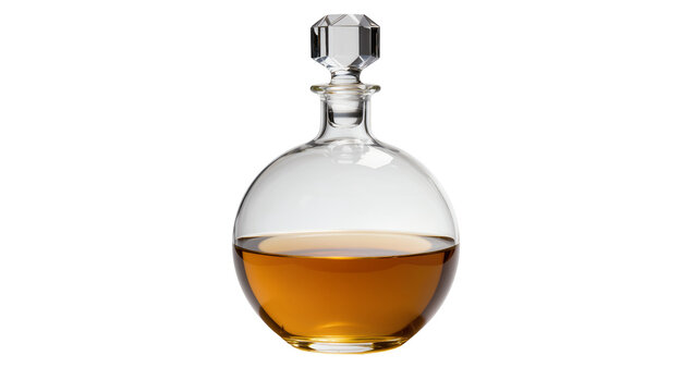 Glass decanter with amber liquid and faceted stopper