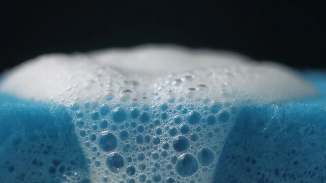Close-up of blue liquid with white foam and bubbles on a dark background