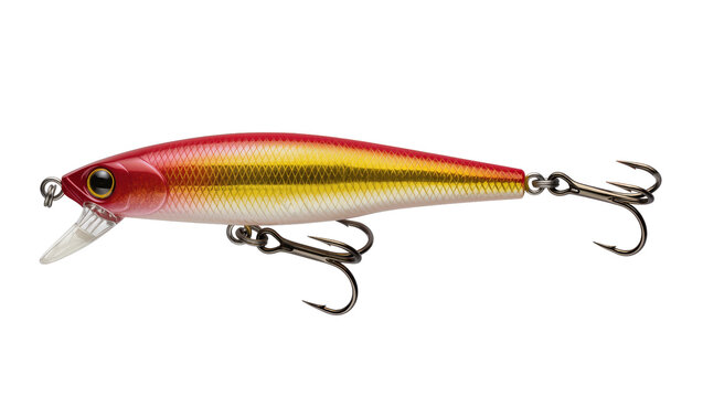 Red and yellow fishing lure with treble hooks and clear lip