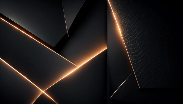  Matte Black Geometric Panels with Glowing Gold Lines