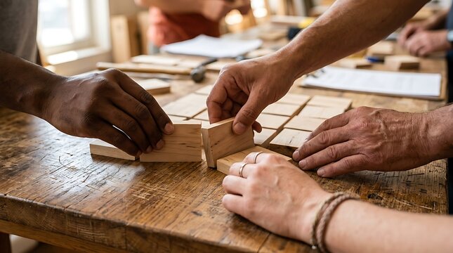 Hands assembling wooden puzzle pieces on table, teamwork and collaboration concept, wooden game, puzzle building