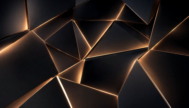  Matte Black Geometric Panels with Glowing Gold Lines