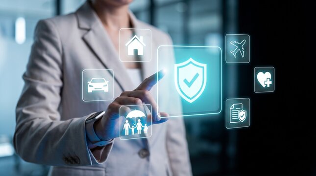 Insurance concept with digital shield icon, businesswoman touching virtual protection interface, comprehensive life and property coverage icons
