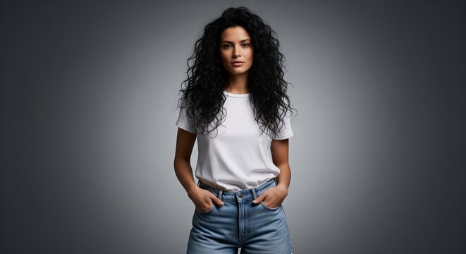 Woman with long curly dark hair wearing a white t-shirt and denim shorts hands in pockets studio portrait