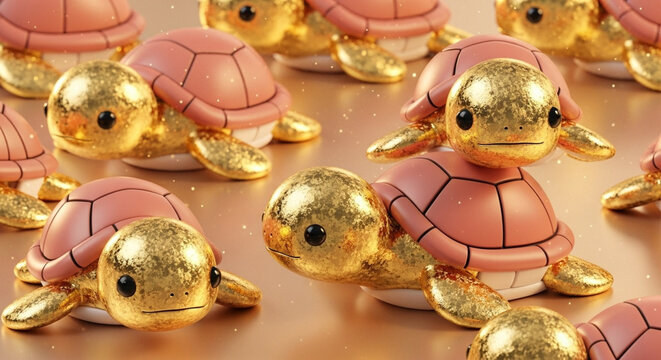 Golden and pink turtle figurines arranged on a surface.
