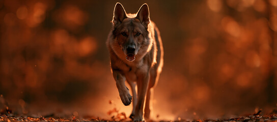 Fototapeta premium A dynamic cinematic panoramic action shot of a majestic German shepherd dog running directly towards the camera across autumn fallen leaves. Warm golden sunset rim light beautifully highlights its fur