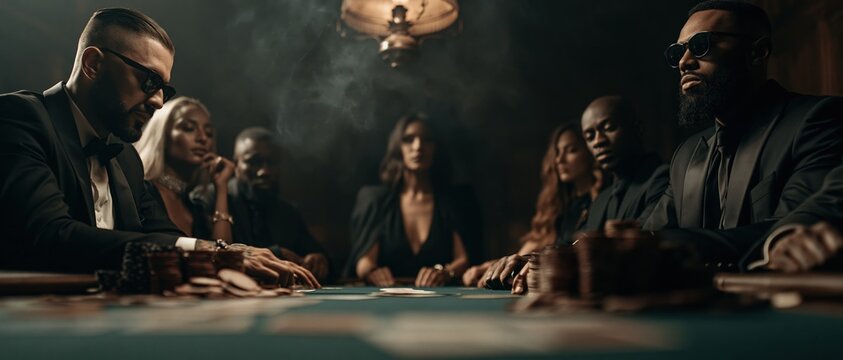 A dramatic, wide-angle low perspective photograph capturing an intense group of men and women playing poker around a green felt table in a dimly lit, smoky underground casino lounge. Serious players l