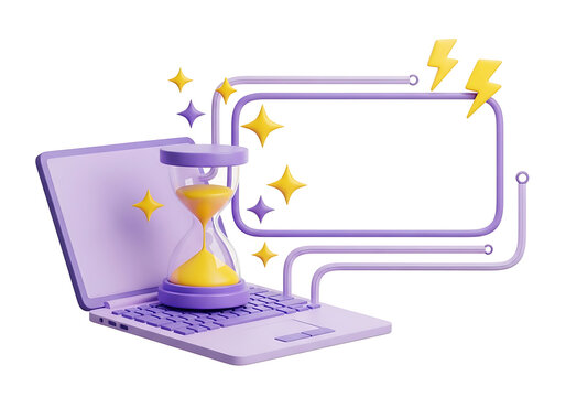 3D hourglass on open laptop with floating decorative elements hourglass deadline computer productivity management business planning efficiency schedule floating lightning