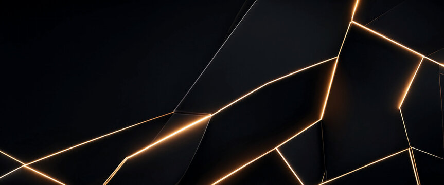  Matte Black Geometric Panels with Glowing Gold Lines