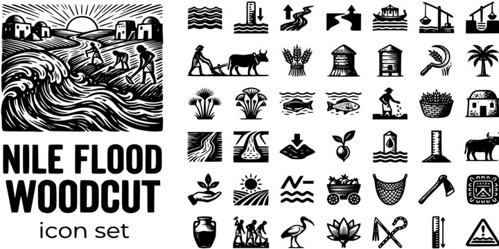 Nile Flood Season Woodcut Black White-Surge Silt Deposit Farm Community-Ancient Agri Vector-Flood Icon Woodcut-Nile Egypt Design Set