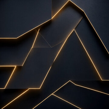  Matte Black Geometric Panels with Glowing Gold Lines