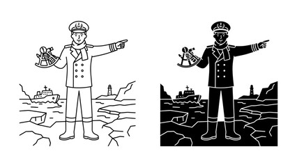 Nautical Navigator: A captain in uniform stands on a rocky shore, holding a sextant and pointing towards the sea, with a lighthouse and ship in the background. © Mahbuba