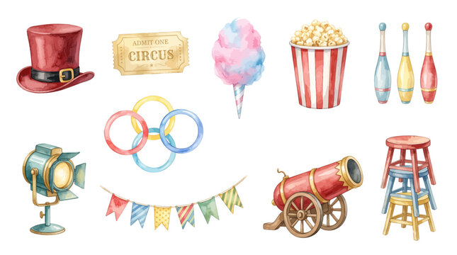 Watercolor circus props set with top hat popcorn and cannon
