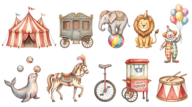 Watercolor circus elements set with big top tent animals and performers