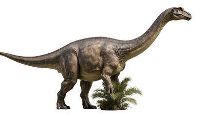 Sauropod dinosaur with long neck and tail standing near green plants © Lysander