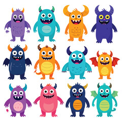 Fototapeta premium A group of colorful monsters with horns and big eyes are standing in rows on a white background