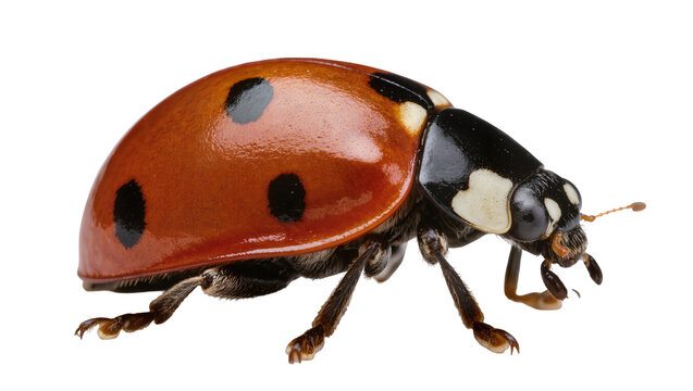 Orange ladybug with black spots and white markings on head