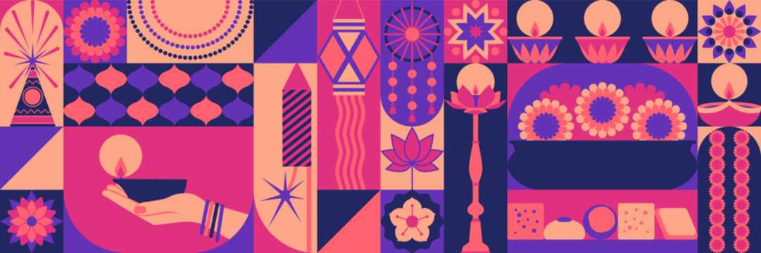 Happy Diwali festival of lights celebration banner with Holiday icons