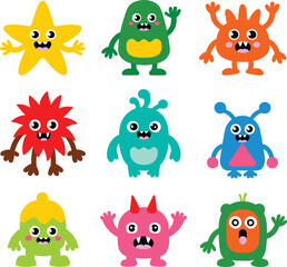 Naklejka premium Cute cartoon monster vector character set, colorful friendly alien illustration for funny children birthday card