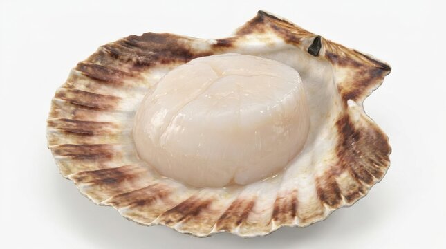 Fresh scallops on shell: ocean delicacy element, isolated on white background 