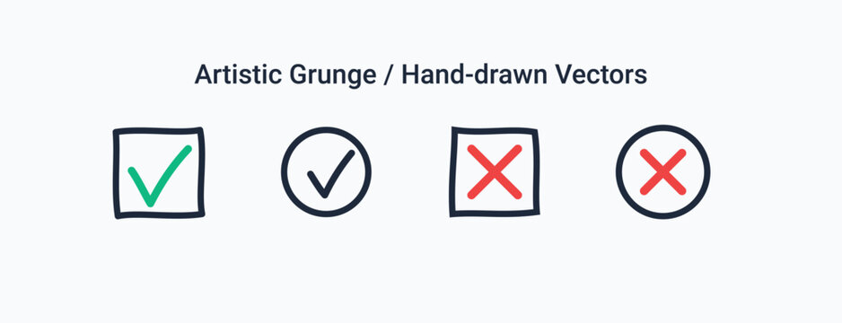 Artistic Grunge Hand-drawn Vectors, Checkmark and Cross Symbols in Boxes and Circles, Sketchy Check and X Mark Icons for UI Design