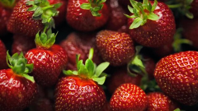 Fresh organic strawberries with green leaves and a rich red color lie on a table under soft lighting. Smooth camera movement. Healthy summer food concept. Sweet and savory