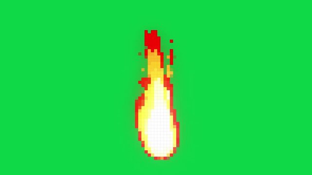 Animation pixel flame effect and 2d , 8 bit style on greenscreen background suitable game design fire element, transparent and  alpha channel only 4k