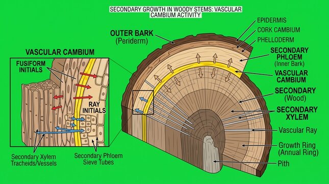 Scientific diagram showing vascular cambium producing xylem and phloem in a woody stem cross section