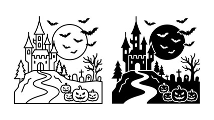 Spooky Halloween Castle Scene: A gothic castle silhouette stands ominously on a hill, surrounded by bats, a full moon, and jack-o'-lanterns. © Mahbuba