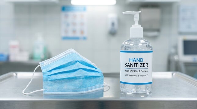A bottle of hand sanitizer sits next to a blue surgical mask on a white surface. The sanitizer bottle displays text indicating it kills 99.