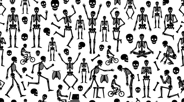 Seamless pattern with black skeletons and bones on a transparent background.