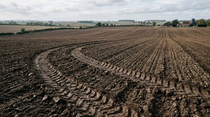 Obraz premium A tractor creates a large spiral track in a dark, rich soil field. The field stretches out into the distance, with rows of crops visible.