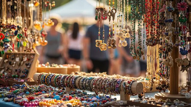 Artisan jewelry display at summer craft street festival. Woman customer browsing handmade necklaces and bracelets at outdoor market stall for souvenir shopping.