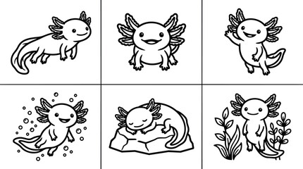 Fototapeta premium Cute axolotl illustrations in various poses with plants and rock