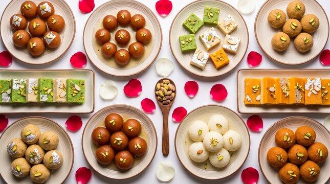 Assorted Traditional Indian Sweets Collection on White Background for Festival Celebration
