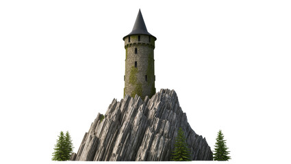 Stone tower on jagged mountain peak with pine trees © Lysander