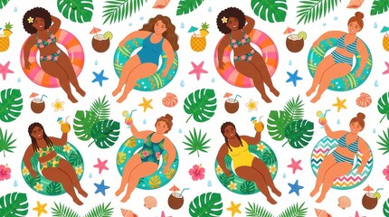 Obraz premium Diverse women relax in swim rings surrounded by tropical leaves and summer drinks