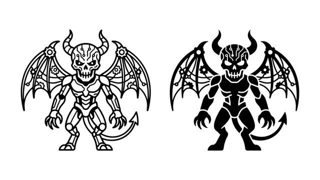 Devil Character: A fearsome devil character with horns, bat-like wings, a skeletal face, and a barbed tail, depicted in both a detailed outline and a solid silhouette.
