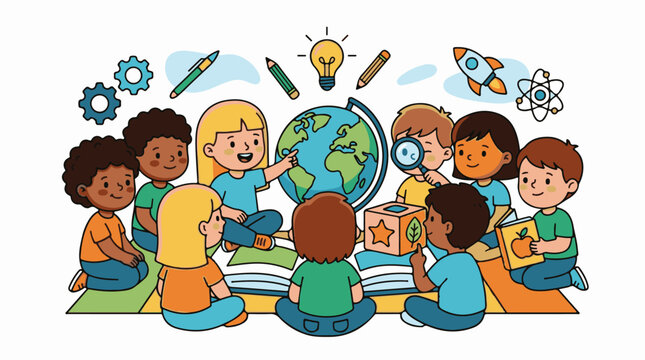 Diverse children learn about the world and science with hands-on tools
