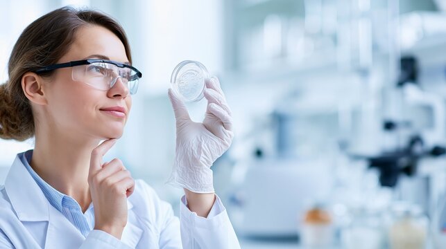 Nutritional scientist holding a petri dish in a nutrition research laboratory while thinking. Concept of quiz, consultation and trivia about nutrition science.