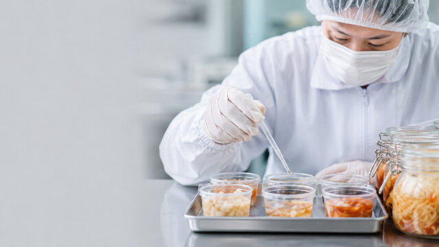 Food technician inspecting a fermentation batch for modern commercial